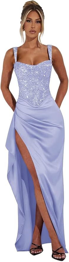 Basgute Sparkly Sequin Prom Dresses for Women 2026 Mermaid Corset Long Slit Ball Gown Formal Evening Party Dress
