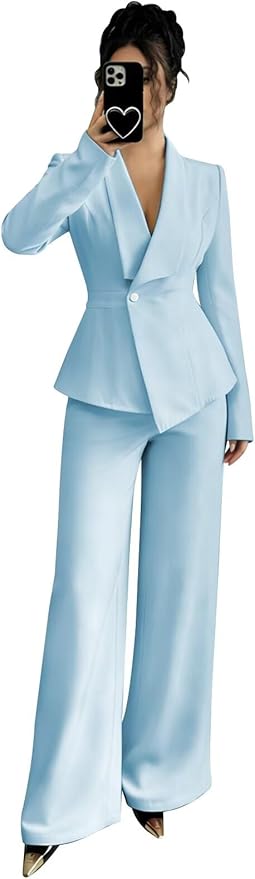 Pant Suits for Women Dressy 2 Piece Womens Pantsuit Long Sleeve Lapel V-Neck Formal Outfit for Wedding Guest