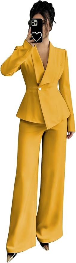 Pant Suits for Women Dressy 2 Piece Womens Pantsuit Long Sleeve Lapel V-Neck Formal Outfit for Wedding Guest