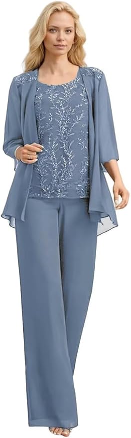 3 Pieces Mother of The Bride Pant Suits Long Laces Appliques 3/4 Sleeves Chiffon Mother of The Groom Dress
