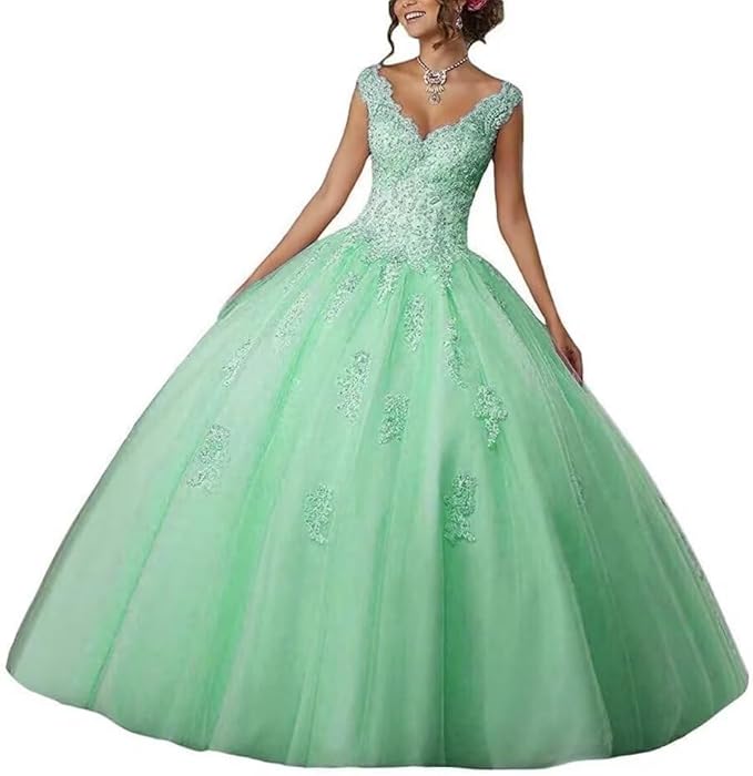 Laces Appliques Long Ball Gown Puffy Tulle Quinceanera Dresses Wedding Dresses with Sleeveless