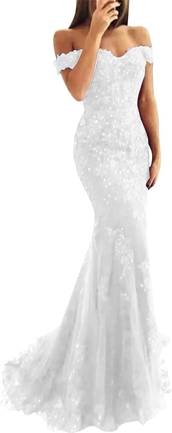 Tulle Long Prom Dresses Off The Shoulder Mermaid Dress with Elegant Laces Appliques Formal Evening Party Gowns