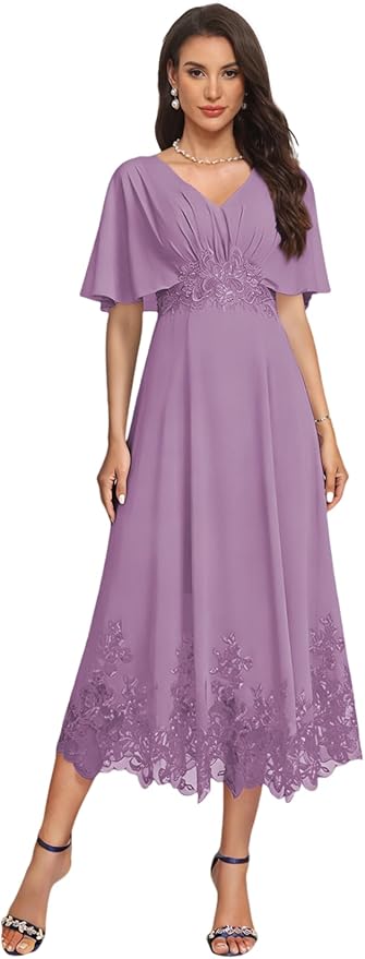 Tea Length Mother of The Bride Dress with Sleeves Laces Formal Evening Gowns for Wedding V Neck Wedding Guest Gown ZMX37