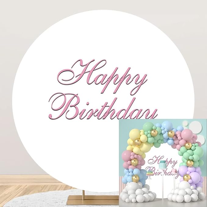 OERJU Happy Birthday Round Backdrop Cover White and Pink Birthday Party Photography Background Girls Women Birthday Party Decoration Circle Backdrop Cover Cake Table Banner Photo Shoot Prop 6x6ft