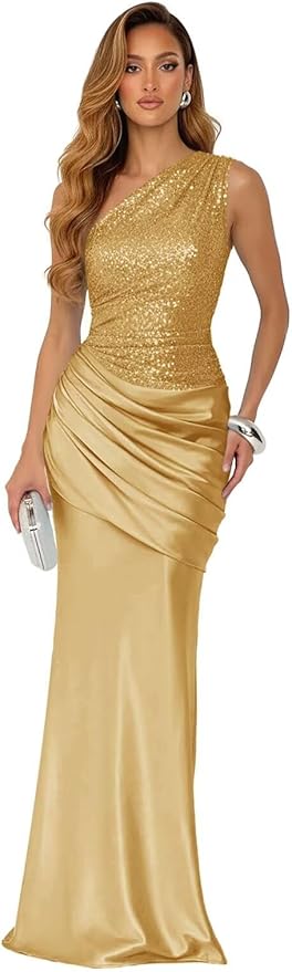 Sparkly Sequins Mermaid Prom Dress 2026 for Women Long Satin One Shoulder Asymmetrical Pleated Formal Evening Gown