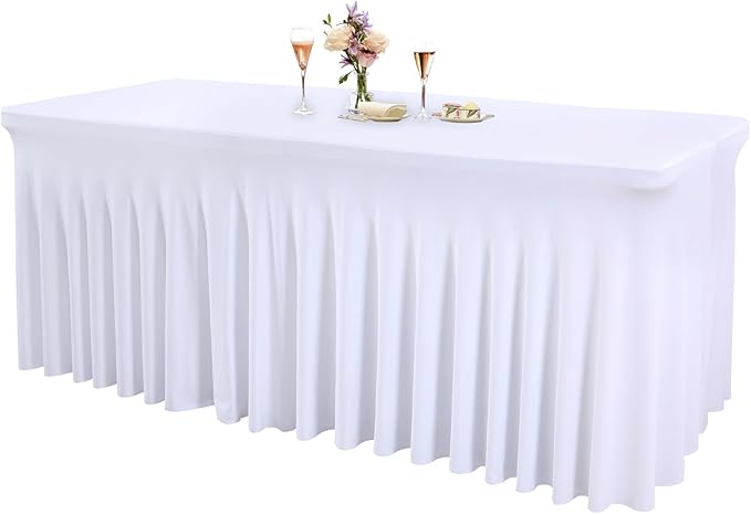 1 Pack White Tableclothes for 6 Foot Rectangle Tables, Wrinkle Resistant Fitted Table Cloth Stretch Spandex Table Covers with Skirt for Event Banquet Wedding Birthday Party