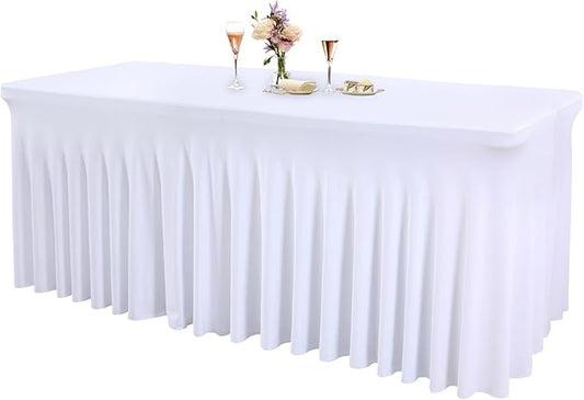 1 Pack White Tableclothes for 6 Foot Rectangle Tables, Wrinkle Resistant Fitted Table Cloth Stretch Spandex Table Covers with Skirt for Event Banquet Wedding Birthday Party