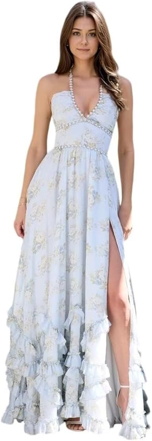Floral Printed Chiffon Prom Dress for Carmen 2025 Long V Neck Floor Length Photoshoot Dress with Side Slit Ruched