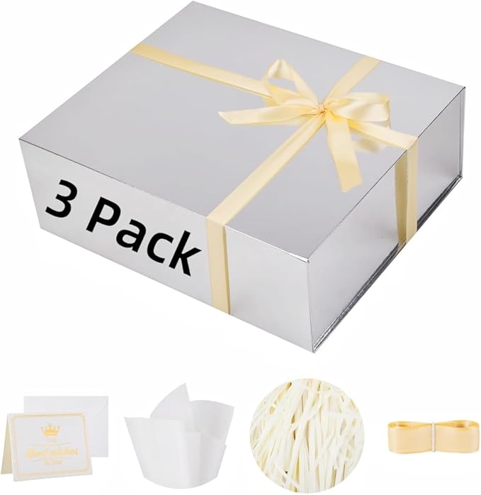 3 Pack Extra Large Silver Gift Box 17x14.5x6 inch Luxury Gift Box for Presents with Magnetic Closure Lid Collapsible,Birthday,Christmas,Contains Card, Ribbon,Tissue Paper,Shredded Paper Filler
