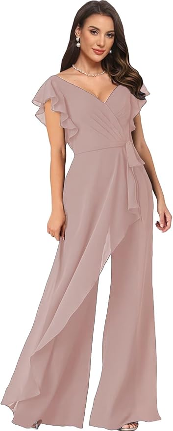 Chiffon Mother of The Bride Jumpsuits for Women Asymmetrical Pant Suits Flutter Sleeve V Neck Formal Evening Outfits