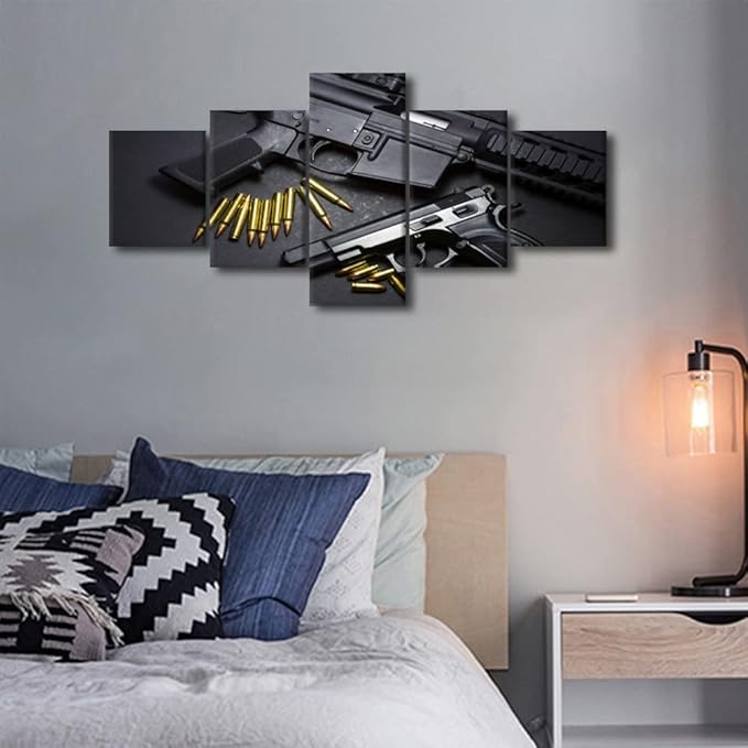 TISHIRON Living Room Wall Decor Artwork for Walls Guns with Ammunition Paintings Military Handgun Pictures Canvas 5 Piece Modern Home Decor Artwork Posters and Prints Framed Ready to Hang 50" Wx24 H