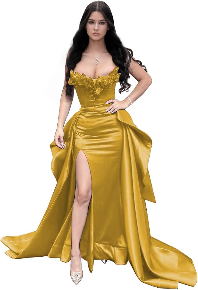 GARDOM Mermaid Satin Prom Dress 2026 Strapless Ball Gown Leaf Ruffle Sequin Slit Formal Dresses for Women Evening Wedding