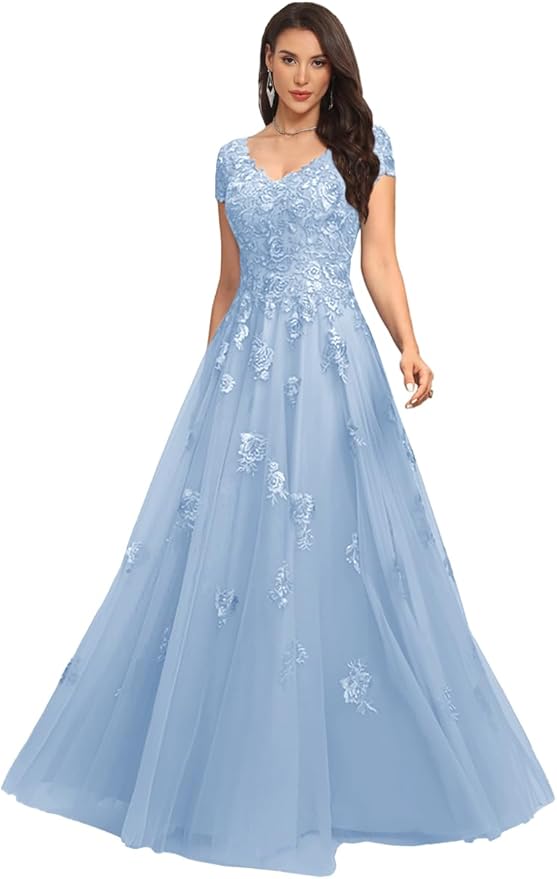 Mother of The Bride Dresses Sleeve Laces Applique V Neck Evening Gowns Cap Sleeves Grandmother of The Groom Dress