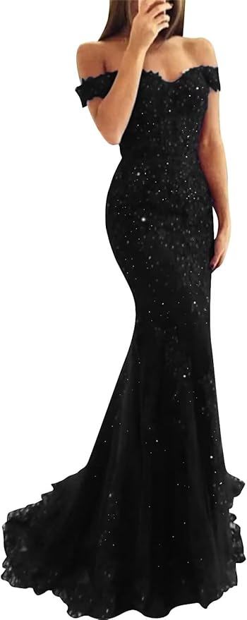Tulle Long Prom Dresses Off The Shoulder Mermaid Dress with Elegant Laces Appliques Formal Evening Party Gowns