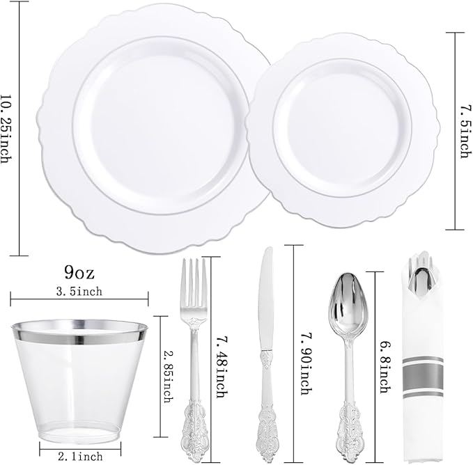 Liacere 350PCS Silver Plastic Plates-Disposable White and Silver Plates 50guest Baroque Plastic Dinnerware Set include 100Plates, 50Pack Pre Rolled Napkins with Silverware 50Cups Perfect for Christmas