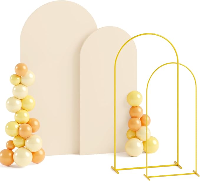 Beige Arch Cover Set of 2 Metal Arch Stand and Cover Set Gold Wedding Arch Backdrop Stand 6&7.2ft Spandex Arch Cover Balloon Arch Backdrop Stand with Cover for Wedding Party Decoration