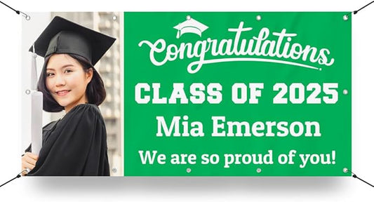 Personalized Graduation Photo Vinyl Banner Sign - Class of 2025 Custom Photo and Name - Milweb1 - Green - 2'x4'
