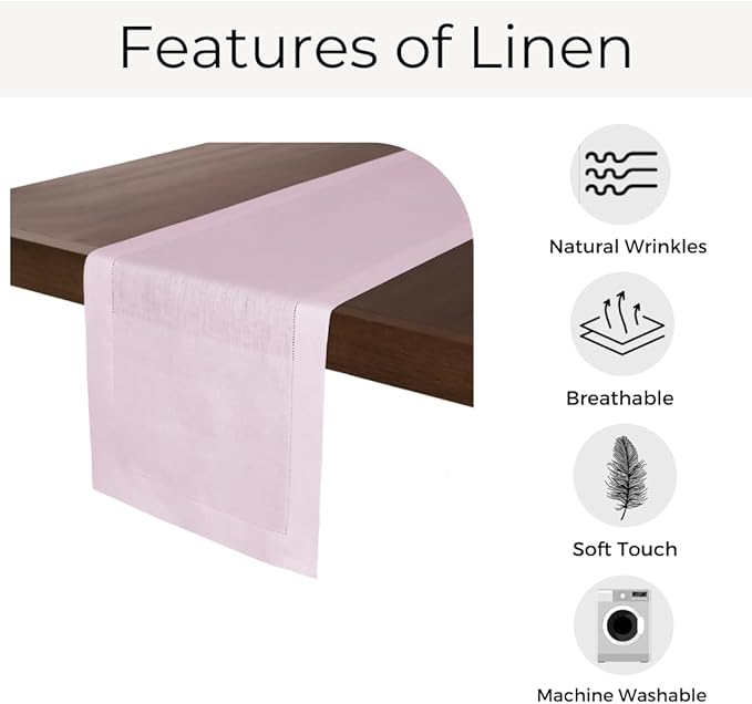 D'Moksha Homes Linen Pastel Pink Table Runner 120 Inches Long - 100% Pure Linen Hemstitch 14 x 120 Inch Table Runner for Dining, Valentines, Spring, Easter - Classic Hemstitch