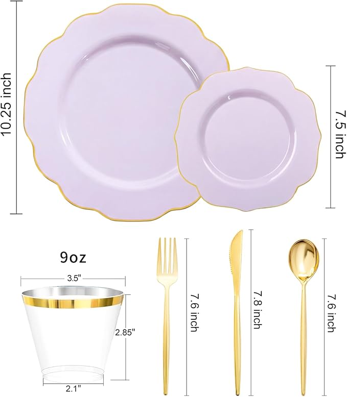 bUCLA 180PCS Purple Plastic Plates - Disposable Purple with Gold Rim, Include 30 Each (Dinner & Salad) Plates, 30 Knives, 30 Forks, 30 Spoons, 30Cups for Party & Birthday