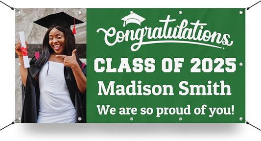Personalized Graduation Photo Vinyl Banner Sign - Class of 2025 Custom Photo and Name - Milweb1 - Hunter Green - 3'x6'