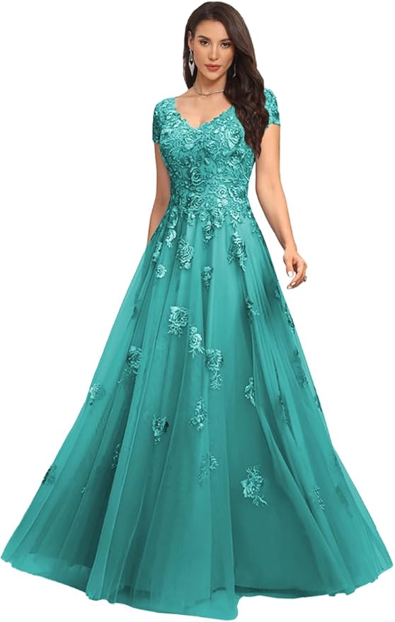 Mother of The Bride Dresses Sleeve Laces Applique V Neck Evening Gowns Cap Sleeves Grandmother of The Groom Dress