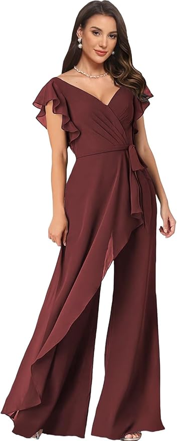 Chiffon Mother of The Bride Jumpsuits for Women Asymmetrical Pant Suits Flutter Sleeve V Neck Formal Evening Outfits