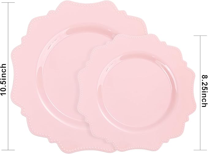 COLOSUS 100 pcs Pink Plastic Plates Set, Nice Disposable Plates,Pink Disposable plates Set for 50 Guest include 50 Dinner Plate 10.5 &50Dessert plates 8.25 for Party,Wedding, Birthday, Valentine's Day
