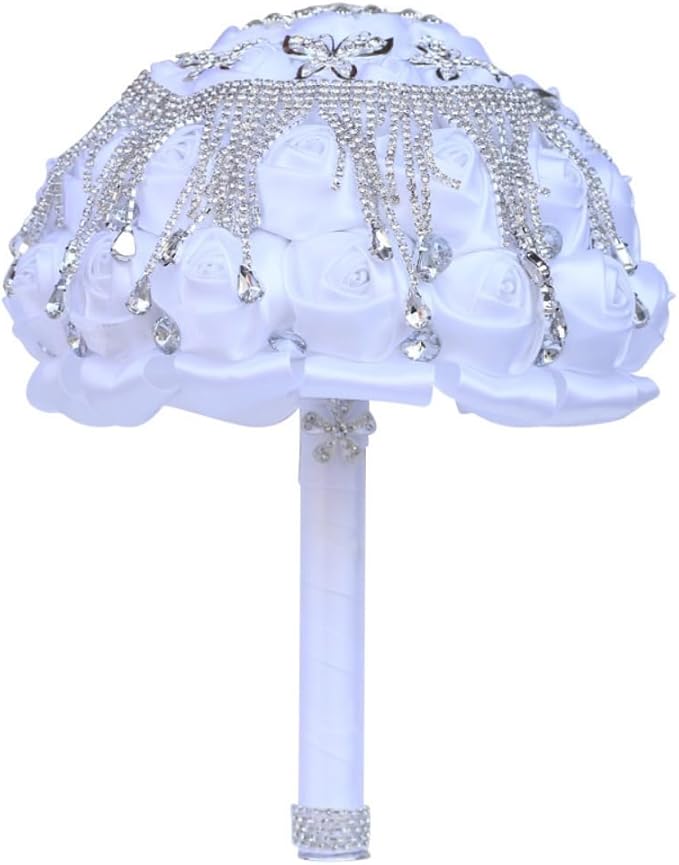 White Bridal Wedding Bouquet Luxury Silver Rhinestones Brooch Bouquet for Bride Bridesmaid Quinceanera Artificial Satin Rose Flower Bouquet Wedding White 9.5in