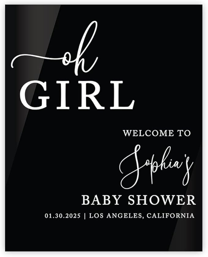 Andaz Press 16"x20" Black Acrylic Personalized Baby Shower Welcome Sign, Gender Neutral Large Custom Sign for Easel Stand, Oh Girl Baby Shower Decorations