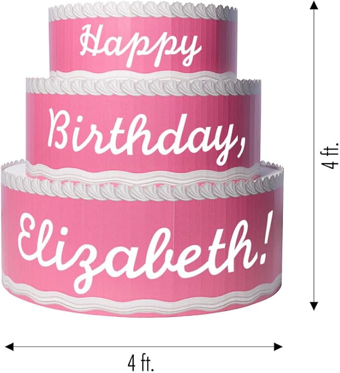 Anderson's Pink & White Personalized Pop-Out Birthday Cake, Life-Size Faux Cake with Fun Font, Custom Name, Surprise Reveal Prop for Milestone Parties, Photo Ops, Store or Business Events, 4'x4'