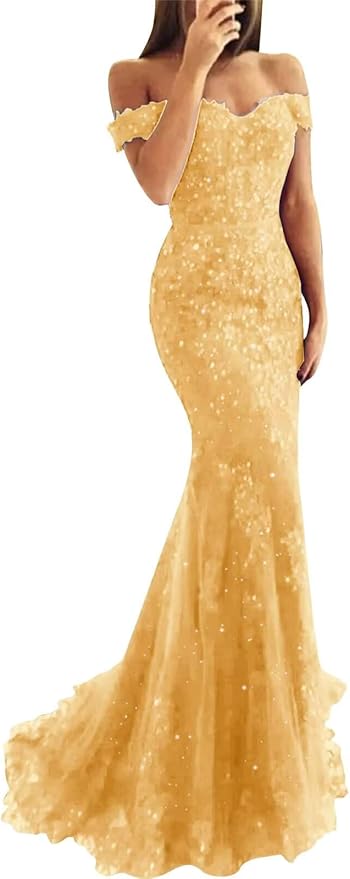 Tulle Long Prom Dresses Off The Shoulder Mermaid Dress with Elegant Laces Appliques Formal Evening Party Gowns