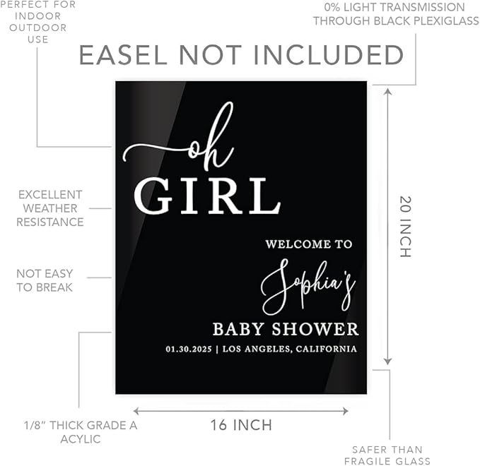 Andaz Press 16"x20" Black Acrylic Personalized Baby Shower Welcome Sign, Gender Neutral Large Custom Sign for Easel Stand, Oh Girl Baby Shower Decorations