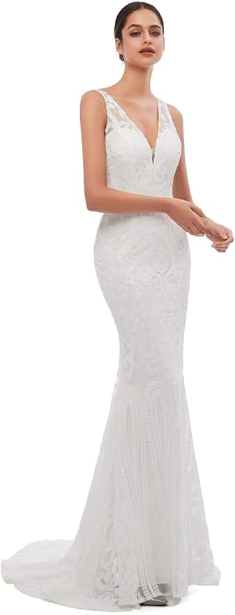 Women's Double V-Neck Sequins Lace-up Mermaid Evening Dress
