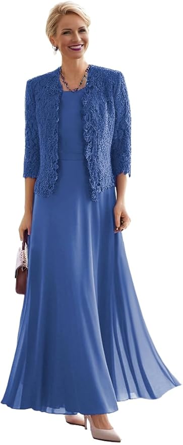 2 Pieces Mother of The Bride Dresses for Women Laces Mother of The Groom Dress 3/4 Sleeve Chiffon Formal Evening Dresses