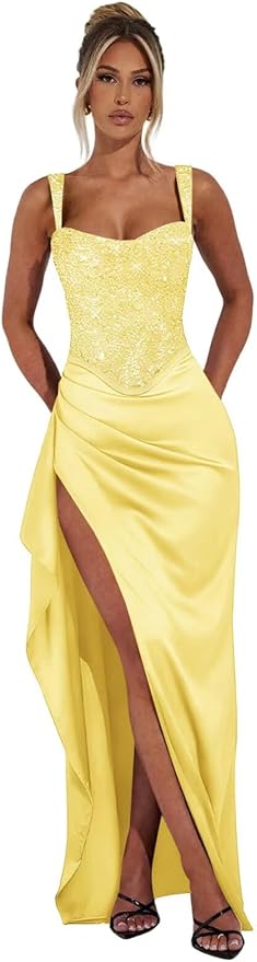 Basgute Sparkly Sequin Prom Dresses for Women 2026 Mermaid Corset Long Slit Ball Gown Formal Evening Party Dress