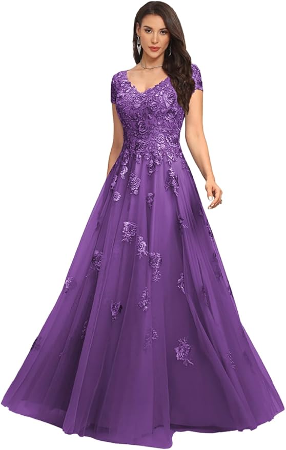 Mother of The Bride Dresses Sleeve Laces Applique V Neck Evening Gowns Cap Sleeves Grandmother of The Groom Dress