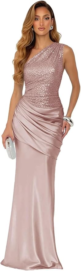 Sparkly Sequins Mermaid Prom Dress 2026 for Women Long Satin One Shoulder Asymmetrical Pleated Formal Evening Gown