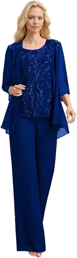 3 Pieces Mother of The Bride Pant Suits Long Laces Appliques 3/4 Sleeves Chiffon Mother of The Groom Dress