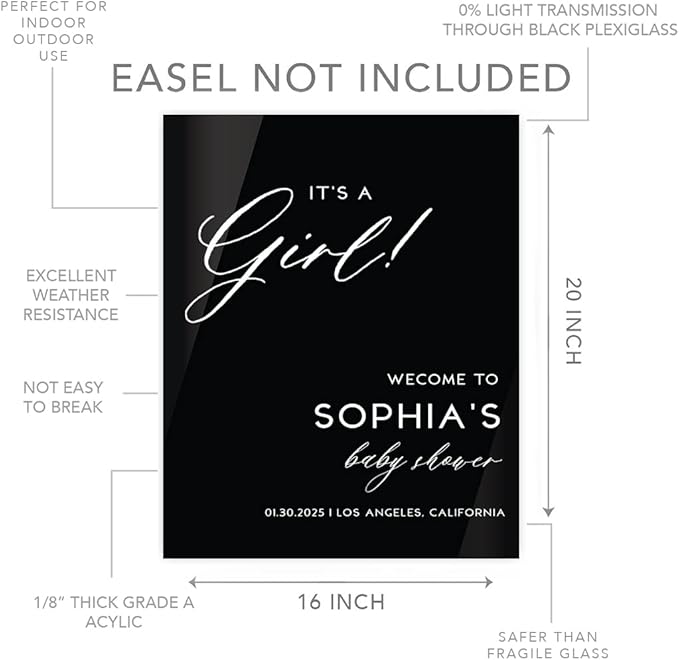 Andaz Press 16"x20" Black Acrylic Personalized Baby Shower Welcome Sign, Gender Neutral Large Custom Sign for Easel Stand, It's A Girl Baby Shower Decorations