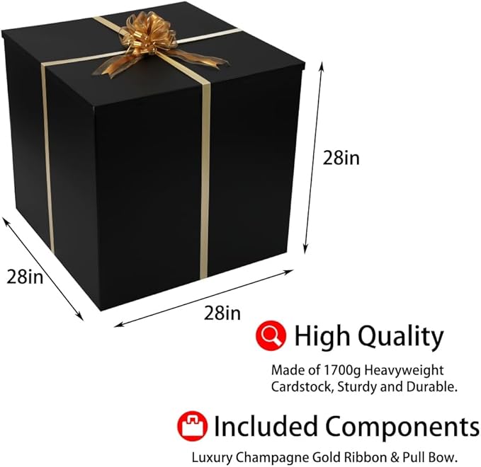 Extra Large Gift Box with Lid 28x28x28 Inches, Black Big Gift Box for Gender Reveal, Giant Gift Boxes with Lids for Presents Packaging for Birthday Surprise, Christmas, Anniversaries, Wedding Party