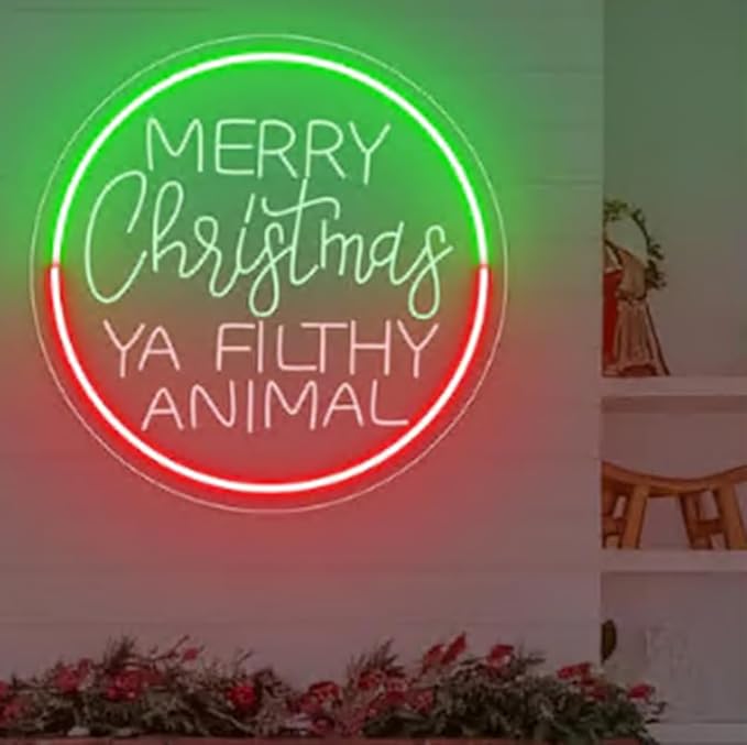 Merry Christmas Ya Filthy Animal Neon Sign, Christmas USB Neon Light Sign For Home Room Party Decor,Size:18 x 18 inches