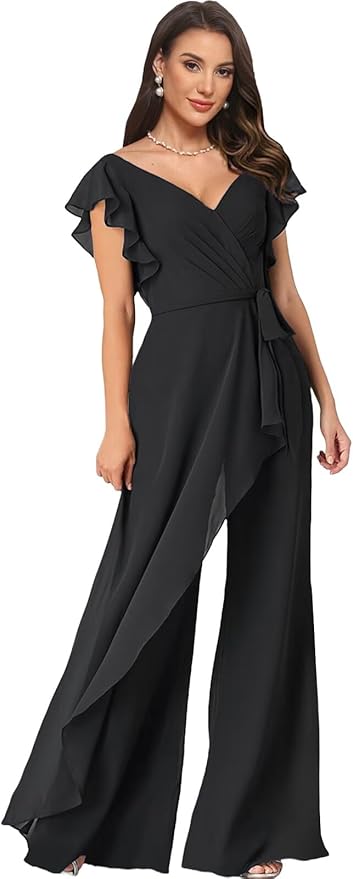 Chiffon Mother of The Bride Jumpsuits for Women Asymmetrical Pant Suits Flutter Sleeve V Neck Formal Evening Outfits