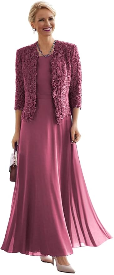 2 Pieces Mother of The Bride Dresses for Women Laces Mother of The Groom Dress 3/4 Sleeve Chiffon Formal Evening Dresses