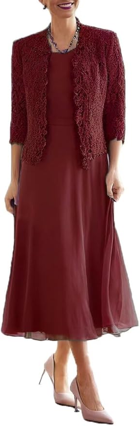 Tea Length Grandmother of The Bride Dresses with Jackets Elegant Laces Mother of Bride Dress for Wedding Guests