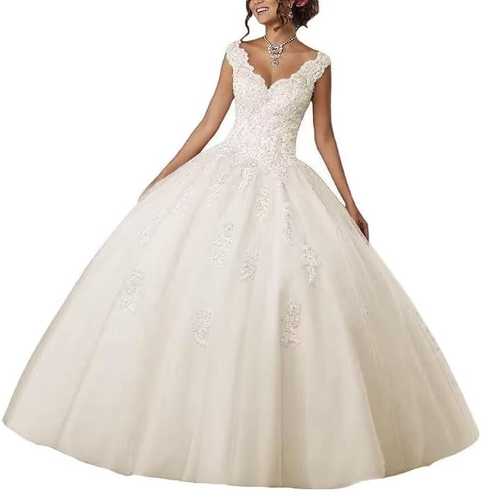 Laces Appliques Long Ball Gown Puffy Tulle Quinceanera Dresses Wedding Dresses with Sleeveless