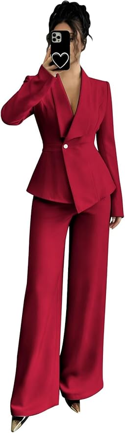 Pant Suits for Women Dressy 2 Piece Womens Pantsuit Long Sleeve Lapel V-Neck Formal Outfit for Wedding Guest