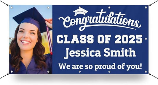 Personalized Graduation Photo Vinyl Banner Sign - Class of 2025 Custom Photo and Name - Milweb1 - Navy Blue - 2'x4'
