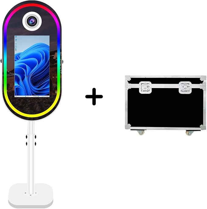Oval Magic Mirror Photo Booth Machine with Flight Case, 21.5inch Touch Screen Built-in Mini PC for Wedding Parties (White, Camera + Photo Booth)