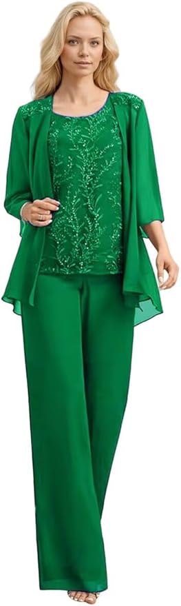 3 Pieces Mother of The Bride Pant Suits Long Laces Appliques 3/4 Sleeves Chiffon Mother of The Groom Dress