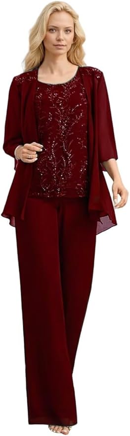 3 Pieces Mother of The Bride Pant Suits Long Laces Appliques 3/4 Sleeves Chiffon Mother of The Groom Dress